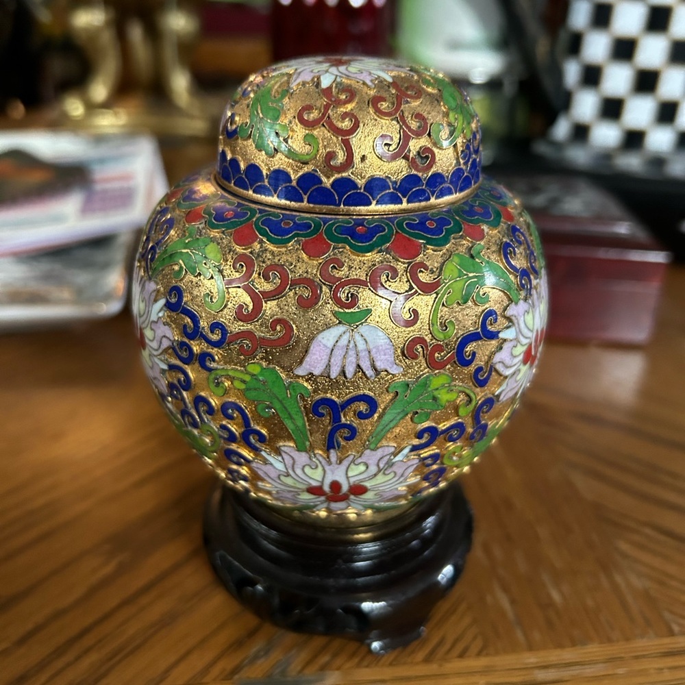 Vintage Cloisonné Ginger Jar with Stand